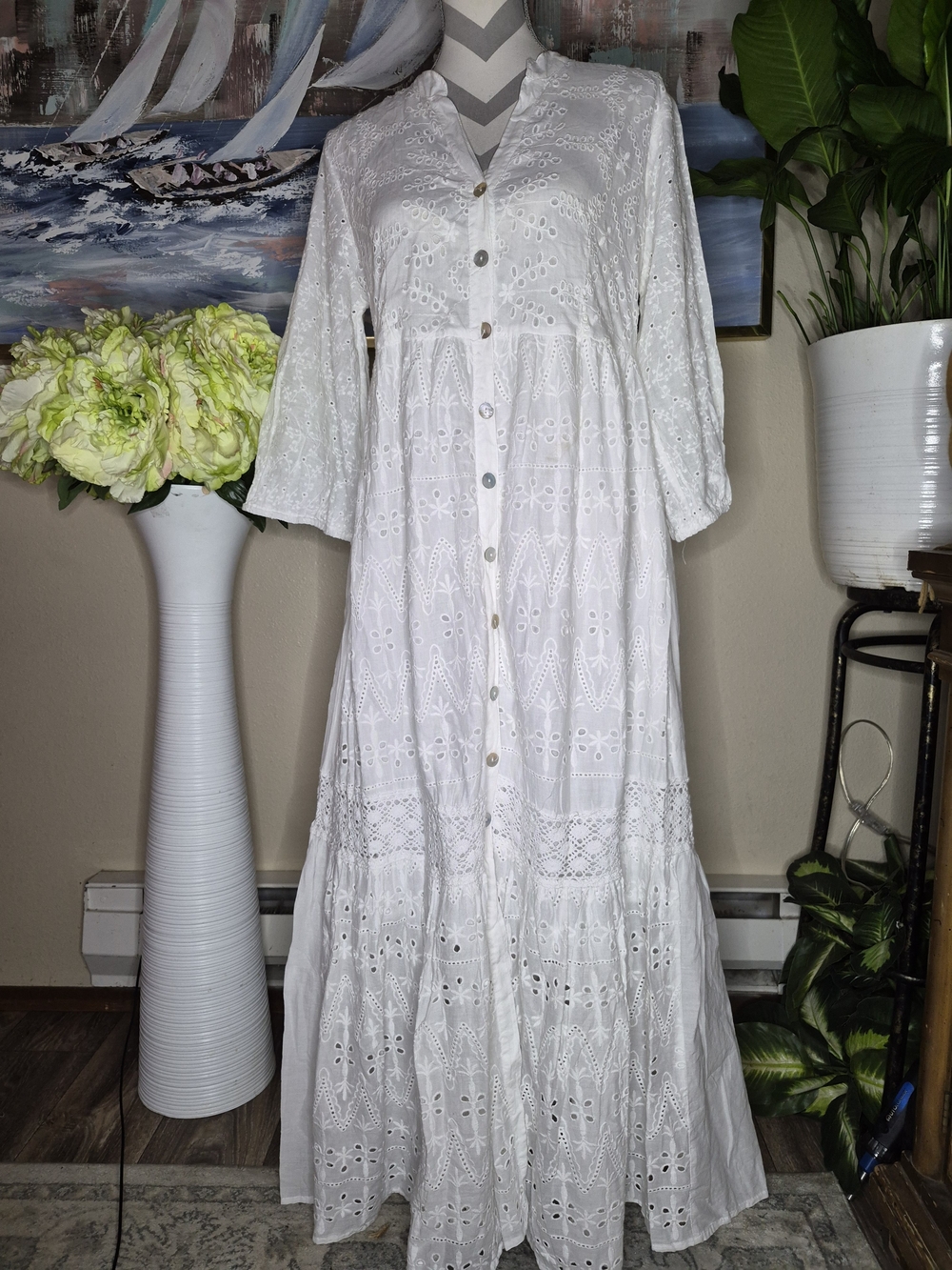 White Eyelet Button-Front Maxi Dress